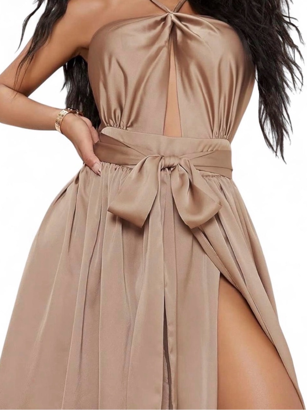 Elegant Taupe Satin Halter Dress with Side Slit